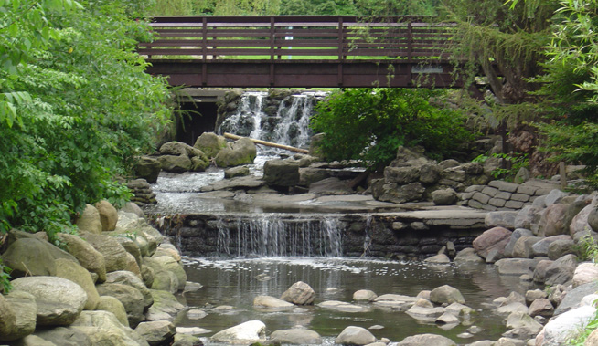 Edward Gardens bridge and waterfall